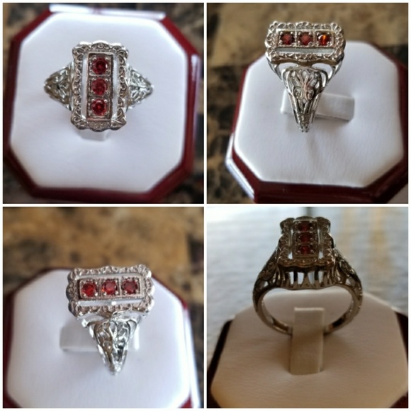 Genuine 1ct Red Fire Garnets Art Deco Ring - Picture 2 of 5